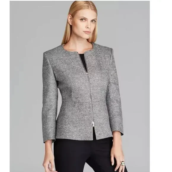 MaxMara Italy Gray Tweed Virgin Wool Silk Full Zip Collarless Peplum Blazer - Picture 1 of 6